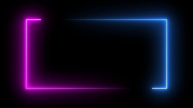 Square rectangle picture frame with two tone neon color motion graphic on isolated black background. Blue and pink light moveing for overlay element. 4K footage video effect seamless loop. Empty space