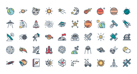 astronomy and space exploration observation science icons set - obrazy, fototapety, plakaty