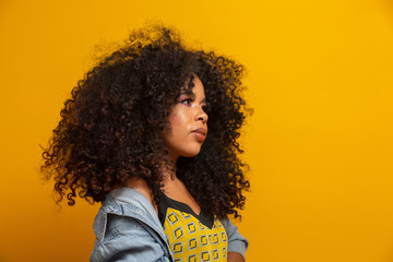 Beauty portrait of african american woman with afro hairstyle and glamour makeup. Brazilian woman. Mixed race. Curly hair. Hair style. Yellow background.