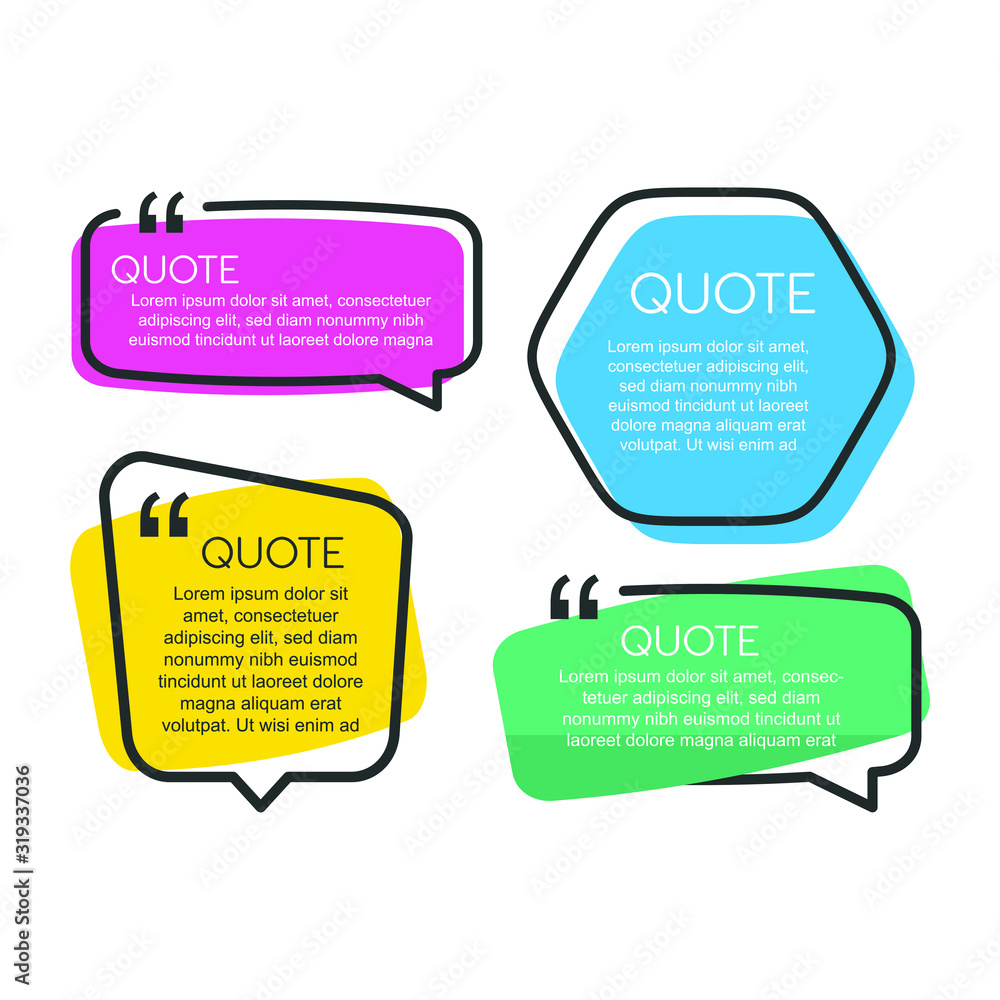 Poster Colored quote speech bubble template. set different shape geometric texting boxes. Quotes form and speech box isolated on white background. Vector illustration.