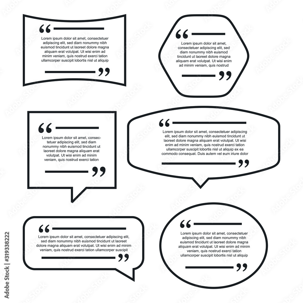 Poster Colored quote speech bubble template. set different shape geometric texting boxes. Quotes form and speech box isolated on white background. Vector illustration.