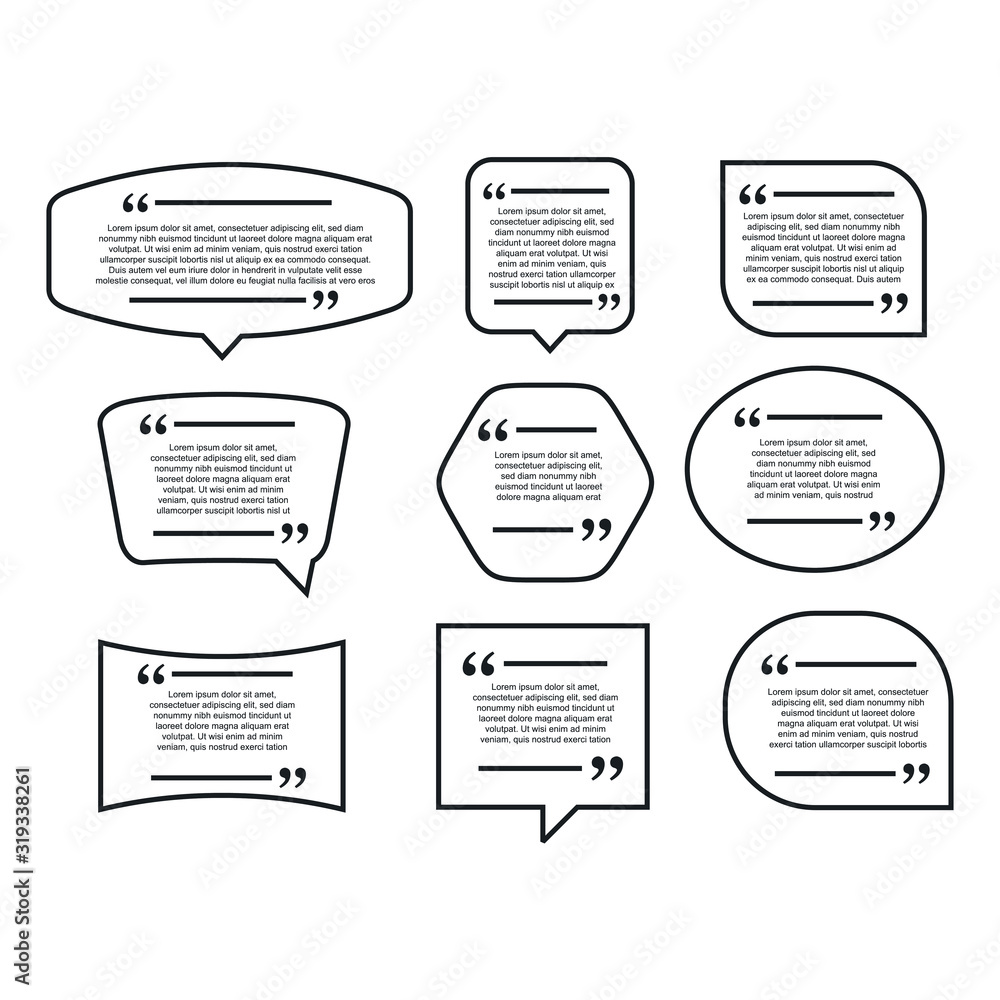 Poster Colored quote speech bubble template. set different shape geometric texting boxes. Quotes form and speech box isolated on white background. Vector illustration.