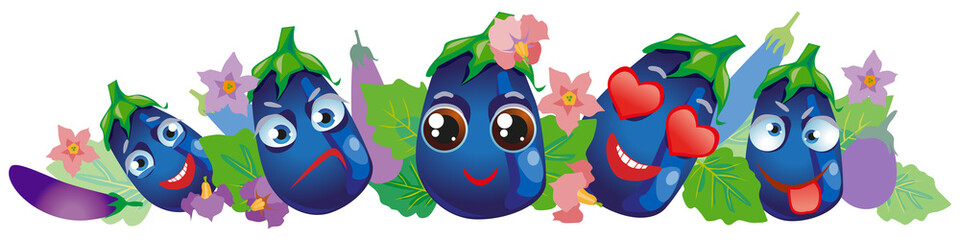 Violet eggplant border. Cute cartoon emoji vegetables