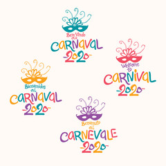Welcome to Carnival. 2020. Set of four bright Carnival logos in four languages, English, Italian, Spanish and Portuguese. Logo in Carnival, Carnaval. Vector handwritten logo with masks. 