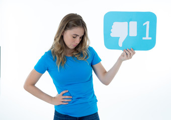 Beautiful Sad young woman holding dislike social media notification icon