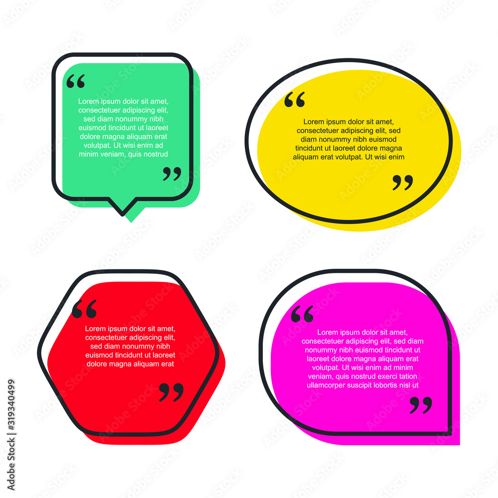 Poster Colored quote speech bubble template. set different shape geometric texting boxes. Quotes form and speech box isolated on white background. Vector illustration.