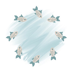 Summer background. Watercolor wreath made from fishes. Banner with messages and symbols.