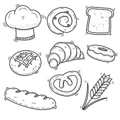 Hand drawn style of bread doodle vector illustration isolated on white background. Bread sketch vector 