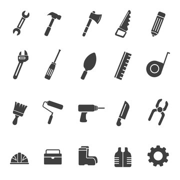 Set of engineering tools icons in simple glyph style. Engineering tools vector illustration in black and white design 