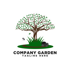 Garden Landscape with Trees Rocks Grass Dragonfly Logo Vector Icon Illustration