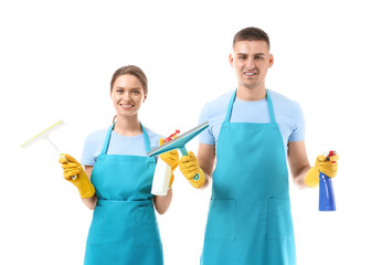Portrait of janitors on white background