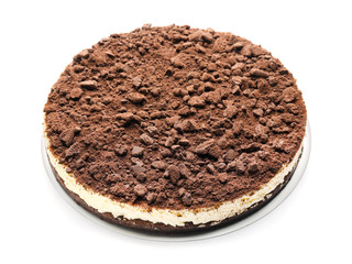 Tasty chocolate cheesecake on white background