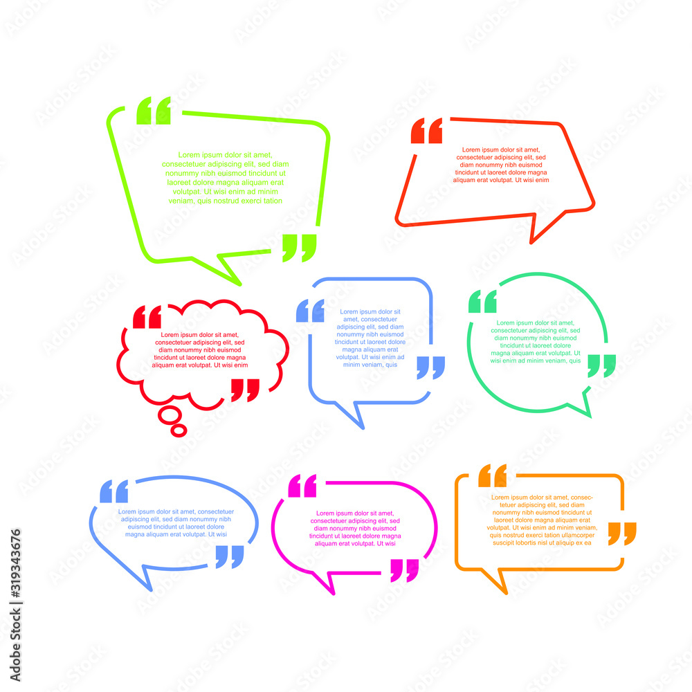 Poster Colored quote speech bubble template. set different shape geometric texting boxes. Quotes form and speech box isolated on white background. Vector illustration.