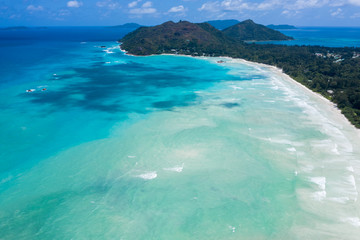 Anse Volbert beach in Praslin Island Seychelles Drone view