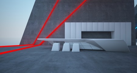 Obraz premium Abstract architectural concrete interior of a modern villa on the sea with colored neon lighting. 3D illustration and rendering.