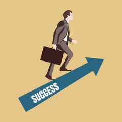 Cartoon character of successful  businessman in suit side view climbing up arrow with word success, bring briefcase. Success businessman 
