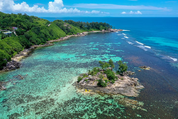 Obraz premium Drone tropical island in the sea view, Mahe Island, Seychelles, 