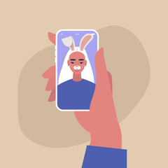 Digital face application, young asian female character wearing a bunny mask, millennial lifestyle