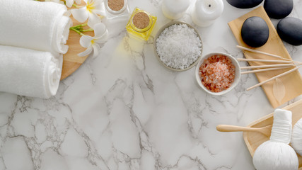 Top view of Beauty spa treatment and relax concept with aroma stick, spa salt, hot stone and other spa accessories