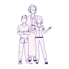 cartoon old woman with teenager boy and girl standing