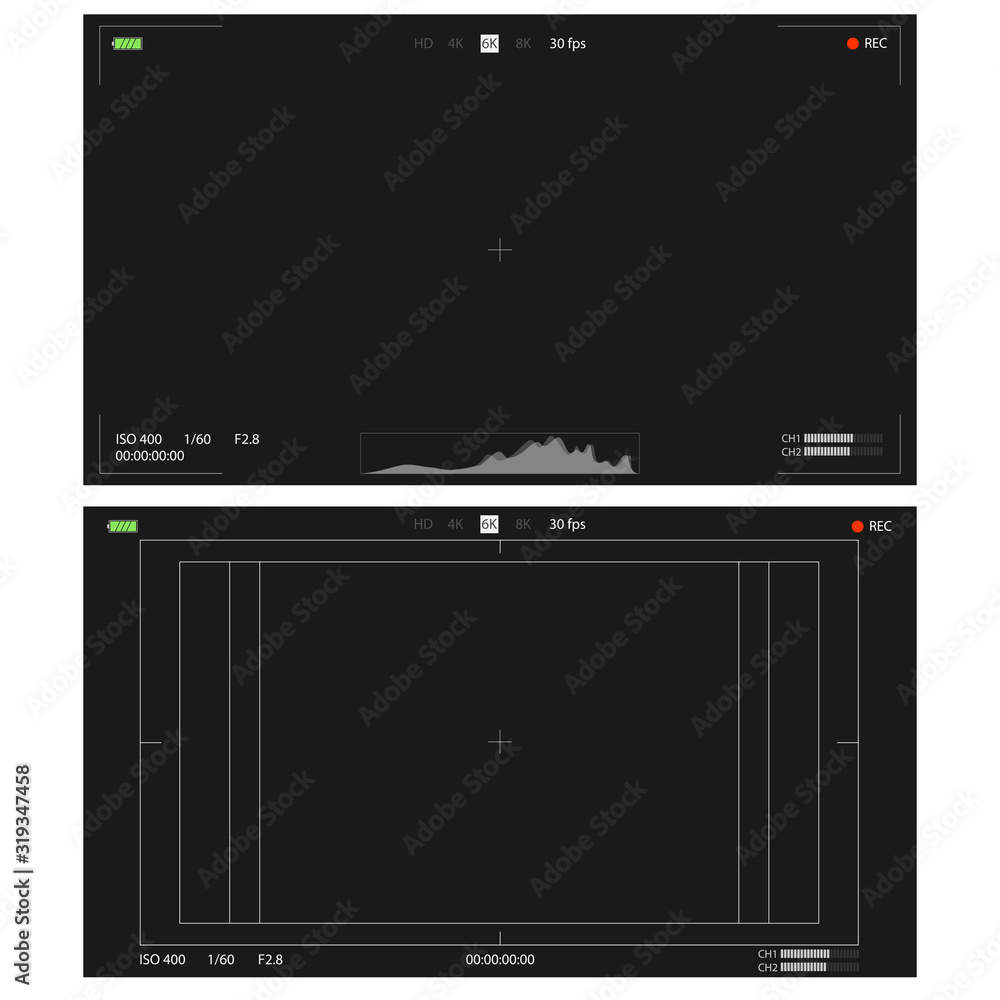 Poster set of digital camera viewfinders. interfaces with point of focus, battery indicator, safe frame and