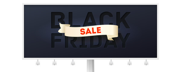 Black friday billboard for Sales auctions. Design of sticker, tag or label. Lettering with evolving ribbon and paper cut technique. 3d vector illustration, eps10. Vintage text on black background.