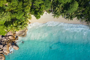 Anse Lazio empty drone beach view in Praslin Island Seychelles 