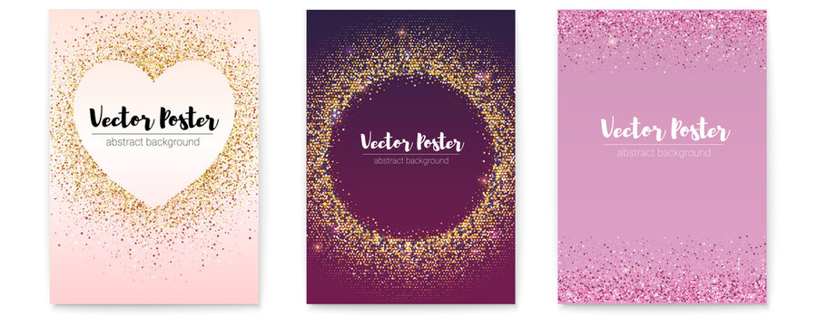 Set of posters with chic sparkle sequins. Template for events, parties and actions with golden and pink glittering. 3d vector illustration, eps10