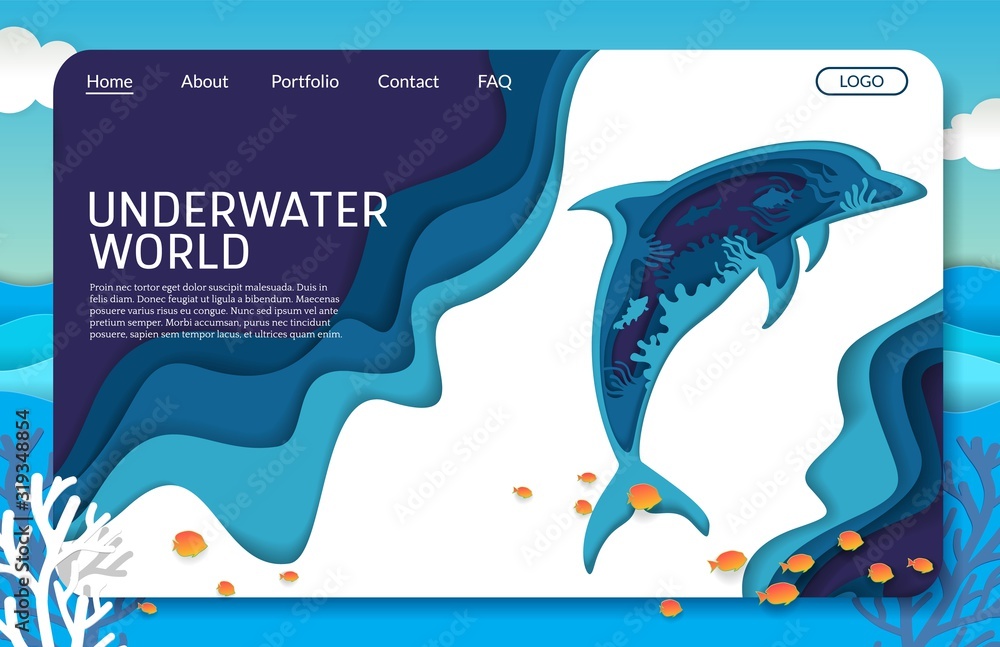 Poster underwater world vector website landing page design template
