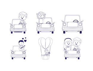 icon set of classic cars with kids and couples, flat design