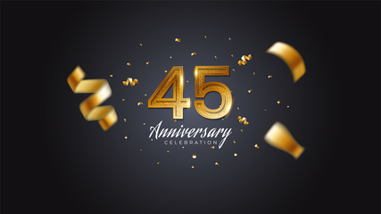 45th anniversary celebration Gold numbers with dotted halftone, shadow and sparkling confetti. modern elegant design with black background. for wedding party event decoration. Editable vector EPS 10