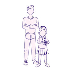 cartoon little girl and man standing icon, flat design