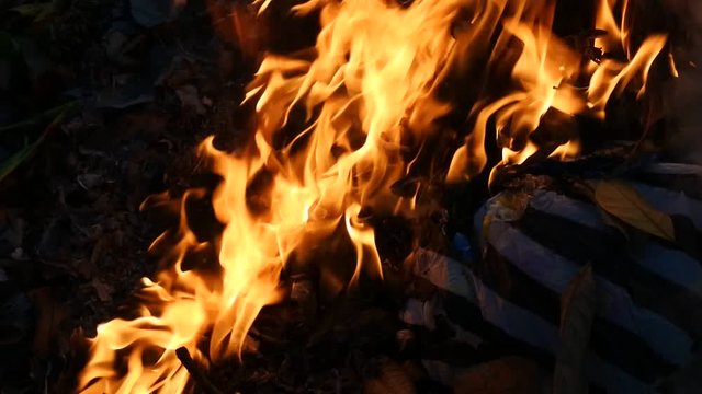 blazing fire burning trash