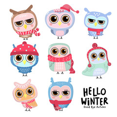 Cute owl with winter costume. Animal holidays cartoon character. -Vector