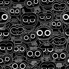 Cute owl doodles seamless pattern. Animal wildlife cartoon character background. -Vector