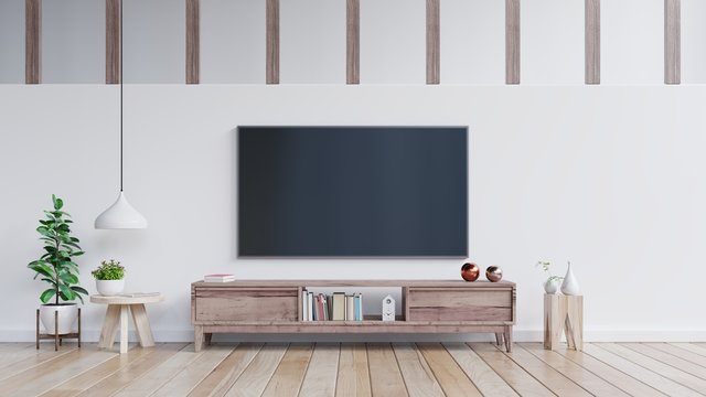 TV on cabinet in modern living room.