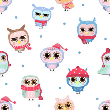 Cute owl in winter costume seamless pattern. Animal wildlife cartoon character background. -Vector