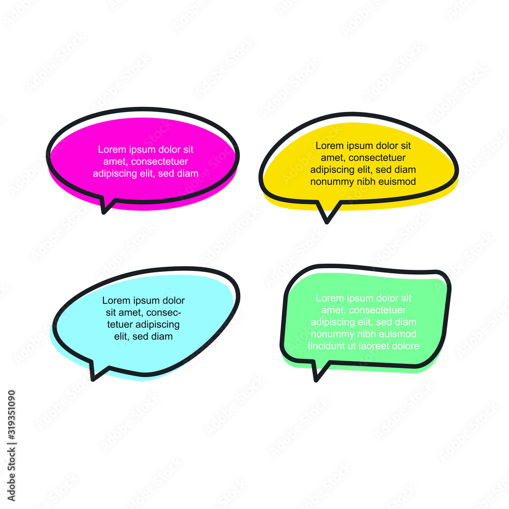Poster Colored quote speech bubble template. set different shape geometric texting boxes. Quotes form and speech box isolated on white background. Vector illustration.