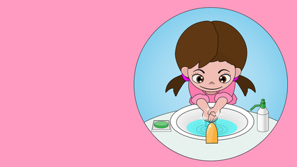 The cartoon illustration template background picture of a cute little girl washing her hand in the basin. ( vector )
