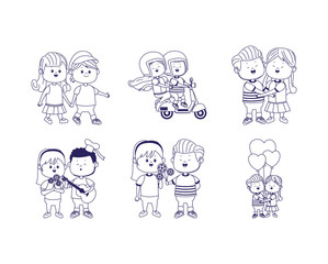 cartoon happy couples standing icon set