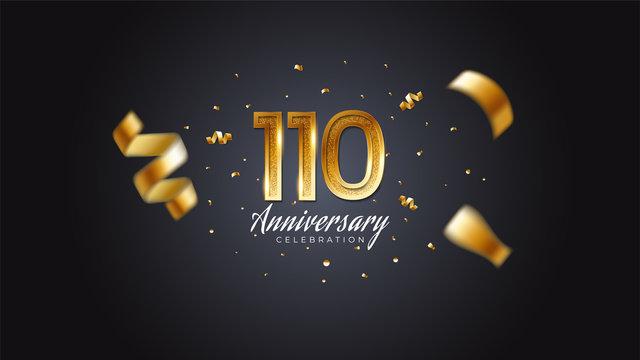 110th anniversary celebration Gold numbers with dotted halftone, shadow and sparkling confetti. modern elegant design with black background. for wedding party event decoration. Editable vector EPS 10