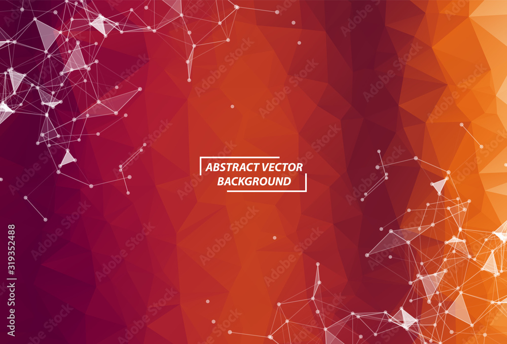 Poster abstract orange polygonal space background with connecting dots and lines. geometric polygonal backg