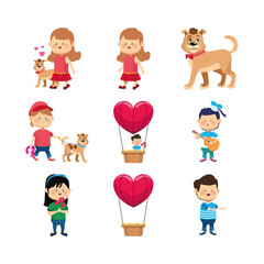 icon set of happy girls, boy and dogs, colorful design