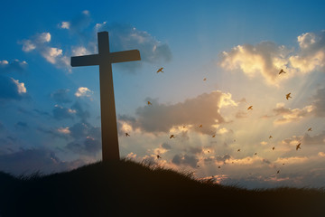 Concept conceptual black cross religion symbol silhouette in grass over sunset or sunrise sky