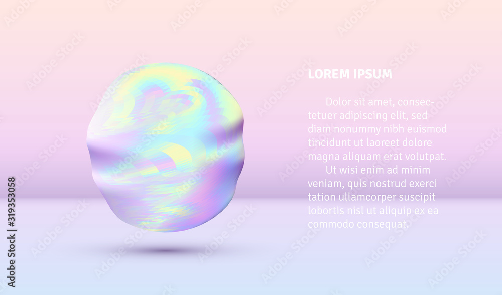 Poster vibrant colored vaporwave styled abstract ball shape with holographic texture on violet and pink bac
