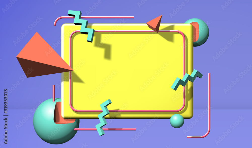 Poster Abstract 90s styled frame with flying 3d objects and shapes