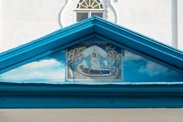 Fresco depicting farewell to the Virgin before burial on the pediment of the porch visor of the Assumption of the Blessed Virgin Mary Cathedral (1793) of the Yeniseisk city. Krasnoyarsk Region. Russia