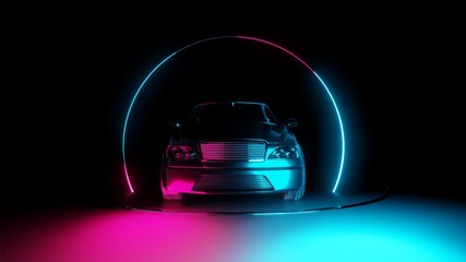 Car with neon light circle frames