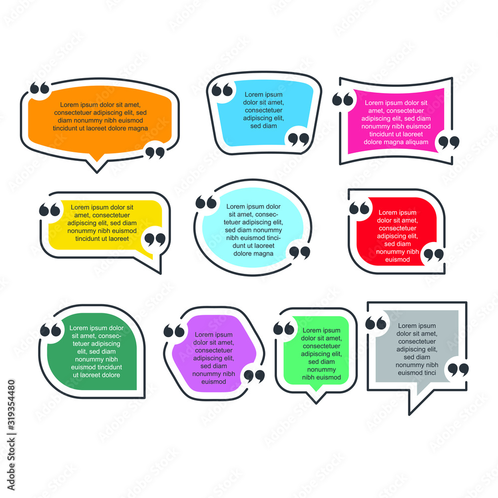 Poster Colored quote speech bubble template. set different shape geometric texting boxes. Quotes form and speech box isolated on white background. Vector illustration.