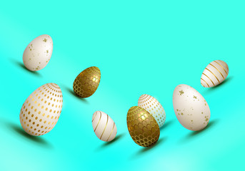 Bright turquoise composition with a set of Easter eggs, design element